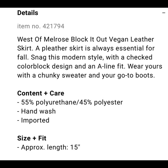 2X HP! NWT West of Melrose Block It Out Vegan Leather Skirt - Picture 9 of 9